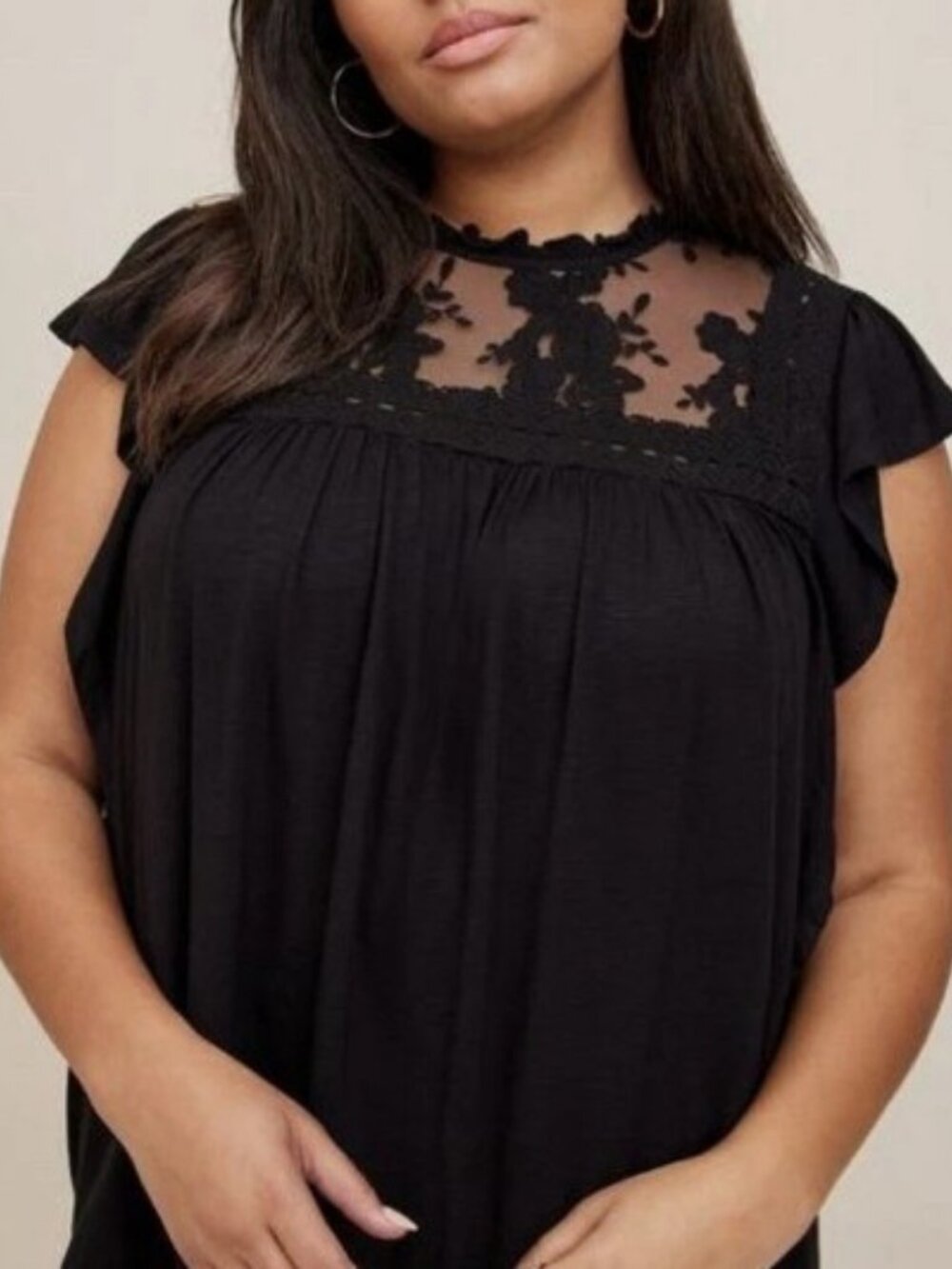 Torrid Size 2XL Black Lace Neckline, Keyhole Back, Short Flutter Sleeve Blouse